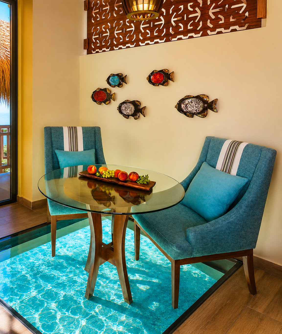 Palafitos Maroma — guestroom interior with blue chairs and glass floor
